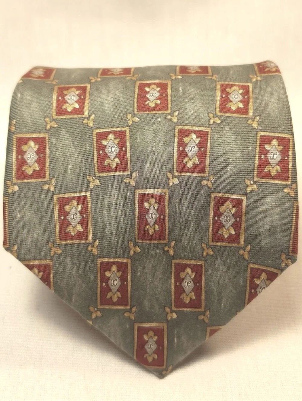 bill blass Gray Silk Tie with Red and Gold Medallions